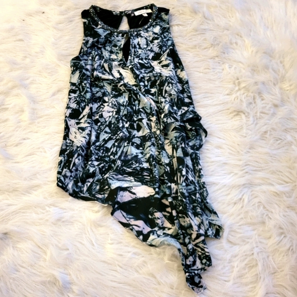 Lopez Asym Ruffle Hem Sleeveless Rhinestone Neck